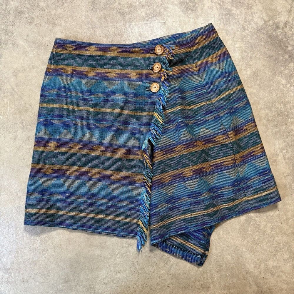 Paul Harris Skirt Womens Size 14 Blue Aztec Schoolgirl‎ Fringe Vtg USA Mini
